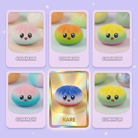 Mystery Dumpling Squishy Charmant Adorable — carte des raretés (commun, rare, ultra rare)