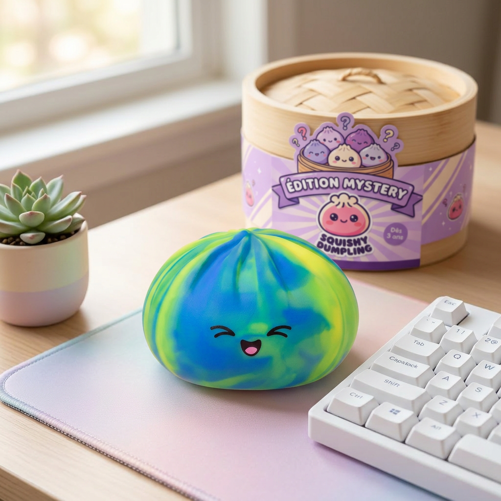 Rainbow Dumpling Squishy Multicolore en ambiance sur un bureau
