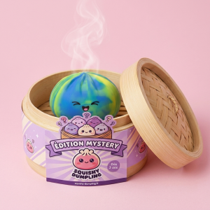 Rainbow Dumpling Squishy Multicolore dans sa boîte panier vapeur bambou