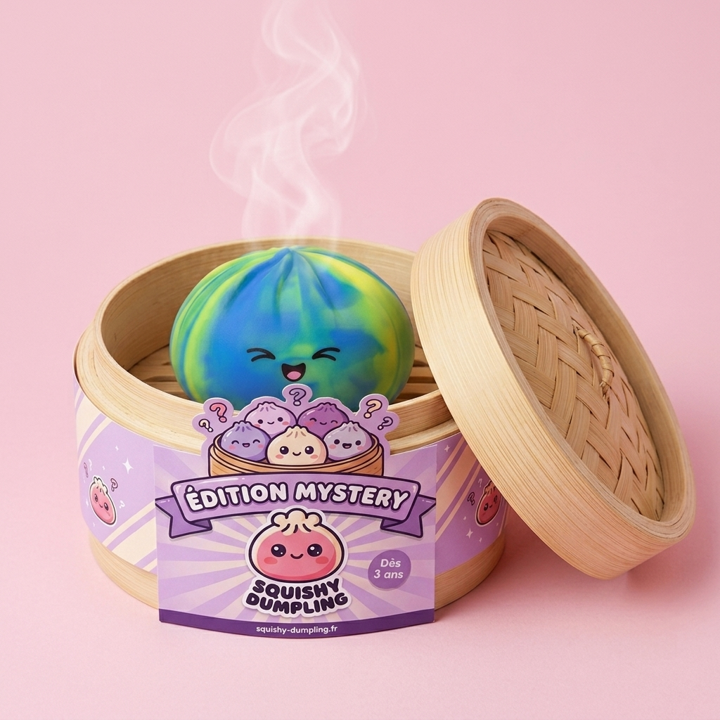 Rainbow Dumpling Squishy Multicolore dans sa boîte panier vapeur bambou