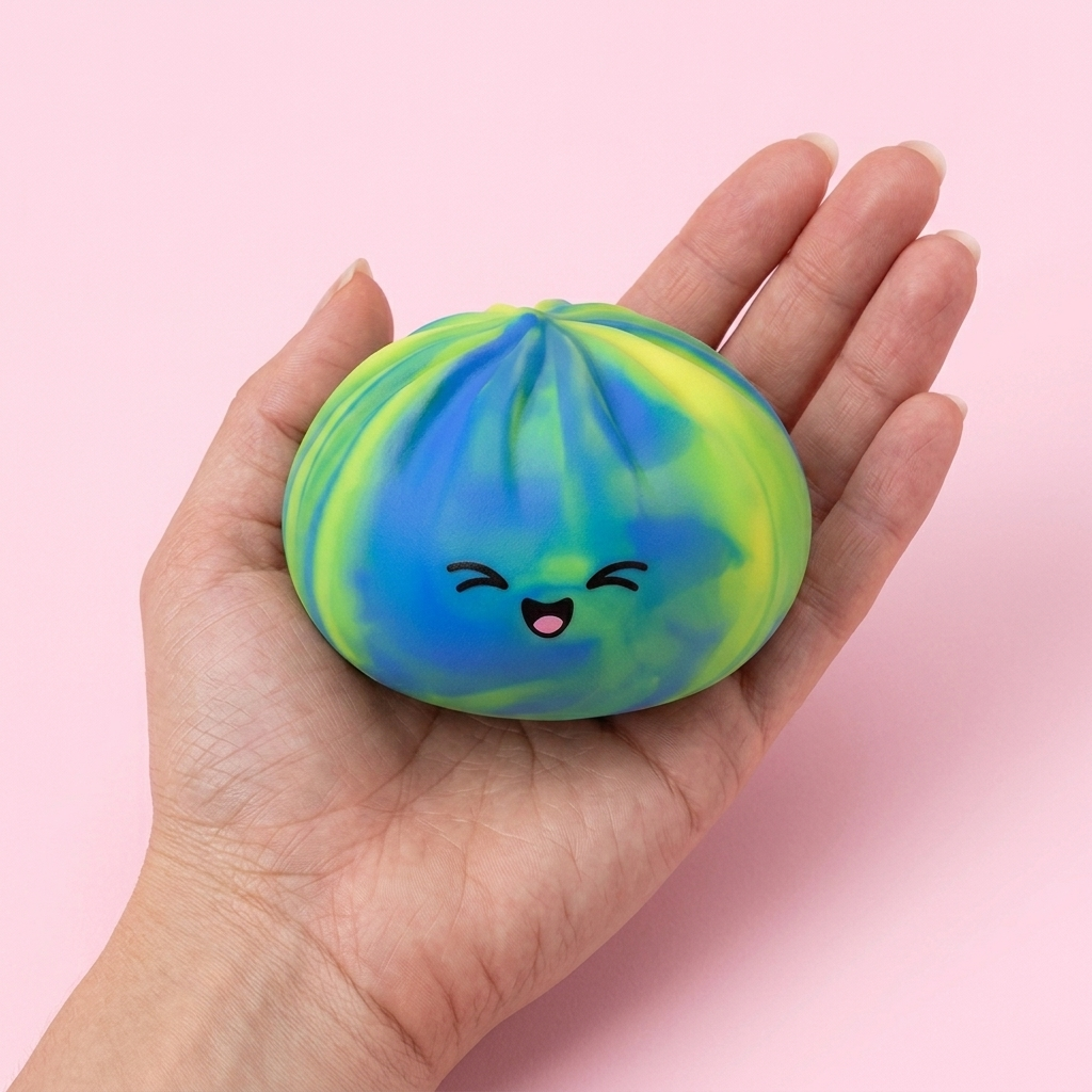 Rainbow Dumpling Squishy Multicolore tenu en main, taille réelle