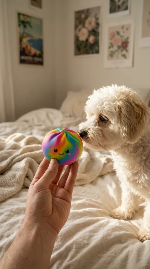 Rainbow Dumpling Squishy Multicolore tenu près d'un animal de compagnie curieux
