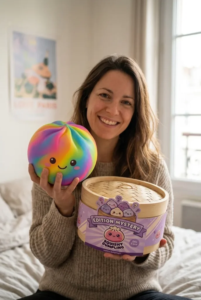 Rainbow Dumpling Squishy Multicolore présenté avec sa boîte panier vapeur — photo client