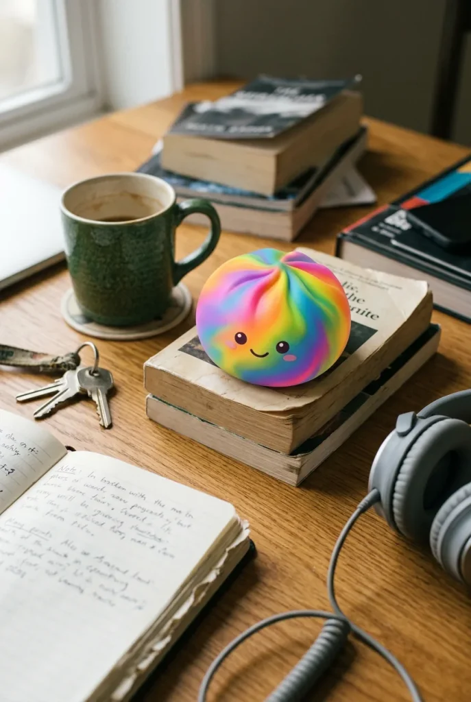 Rainbow Dumpling Squishy Multicolore posé sur un bureau, dans le quotidien
