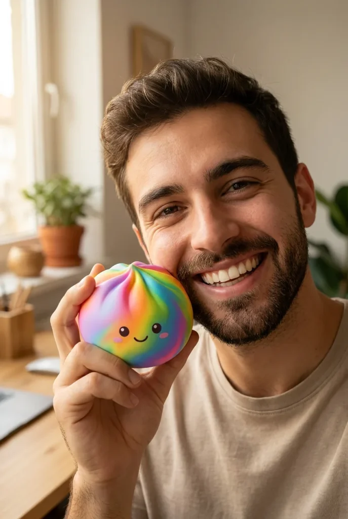 Rainbow Dumpling Squishy Multicolore tenu près du visage — photo client