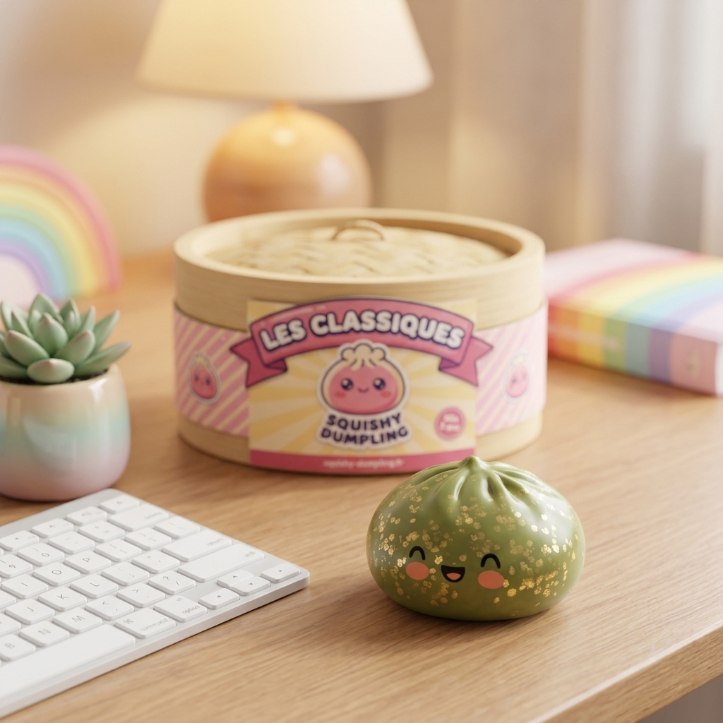 Dumpling Squishy Vert Émeraude Glitter en ambiance sur un bureau