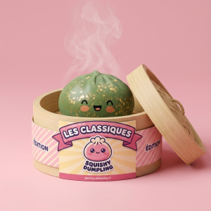 Dumpling Squishy Vert Émeraude Glitter dans sa boîte panier vapeur façon bambou