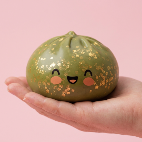 Dumpling Squishy Vert Émeraude Glitter tenu en main, taille réelle
