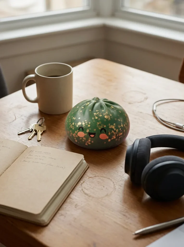 Dumpling Squishy Vert Émeraude Glitter posé sur un bureau, dans le quotidien
