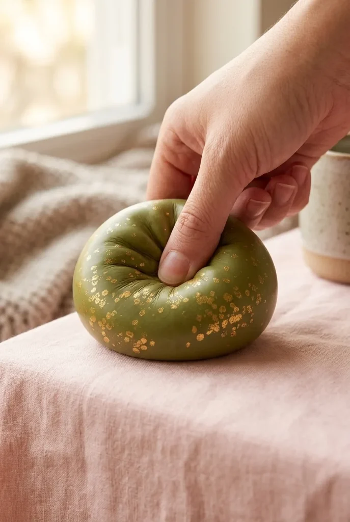 Dumpling Squishy Vert Émeraude Glitter pressé dans la main — effet squishy slow-rise