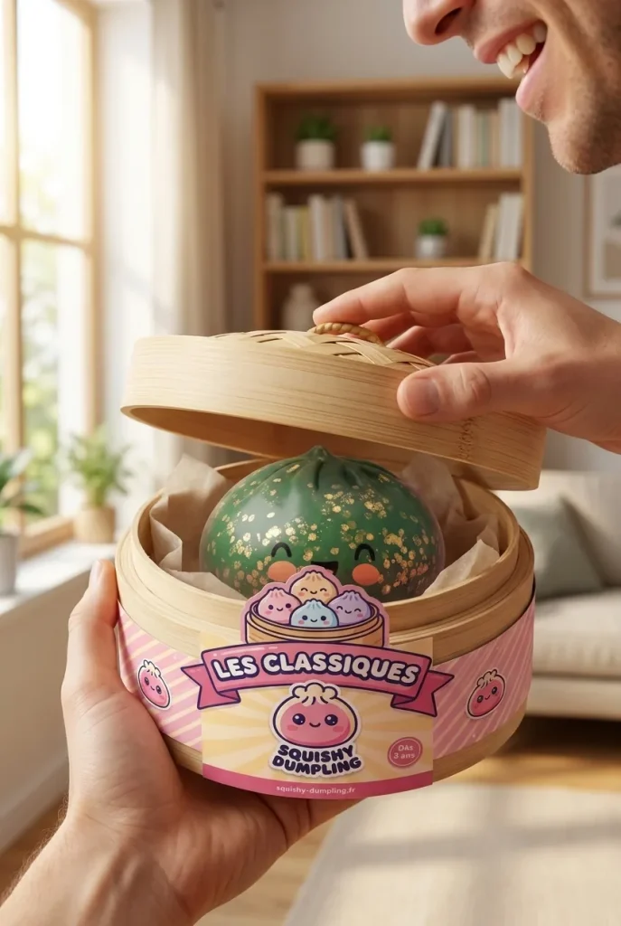 Déballage du Dumpling Squishy Vert Émeraude Glitter — la boîte panier vapeur s'ouvre