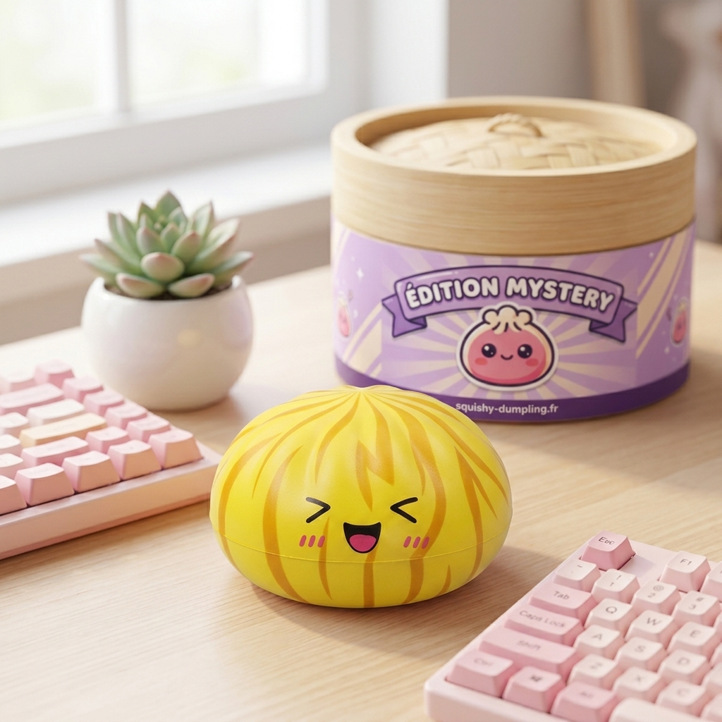 Dumpling Squishy Bun Mystère Moelleux en ambiance sur un bureau