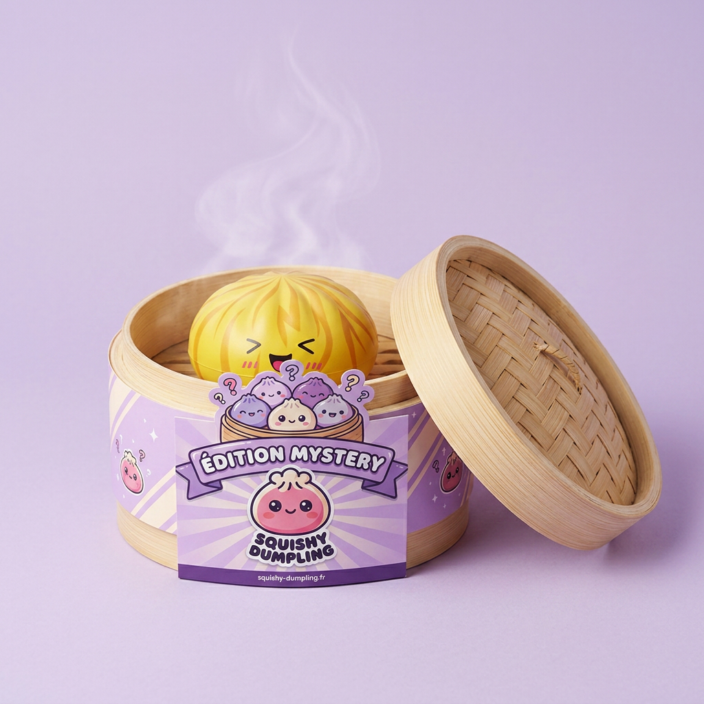 Dumpling Squishy Bun Mystère Moelleux dans sa boîte panier vapeur bambou