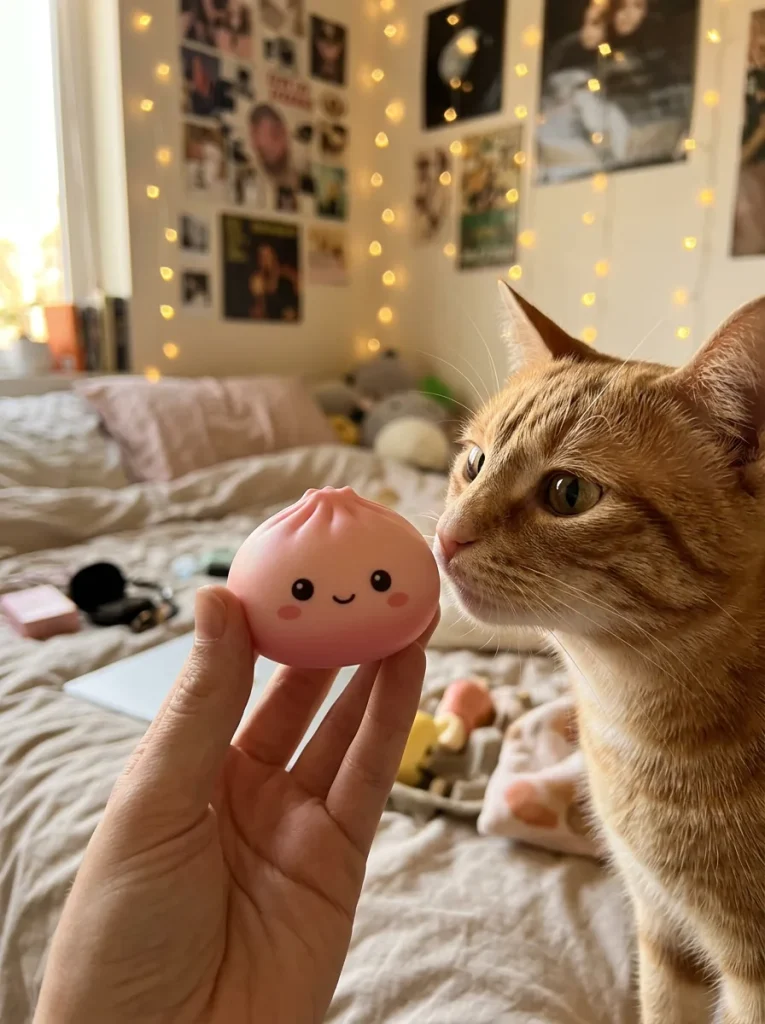 Dumpling Squishy Bun Mystère Moelleux tenu près d'un animal de compagnie curieux