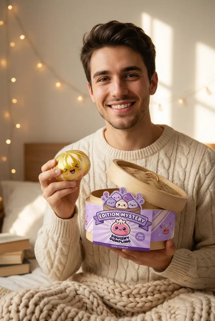 Dumpling Squishy Bun Mystère Moelleux présenté avec sa boîte panier vapeur — photo client