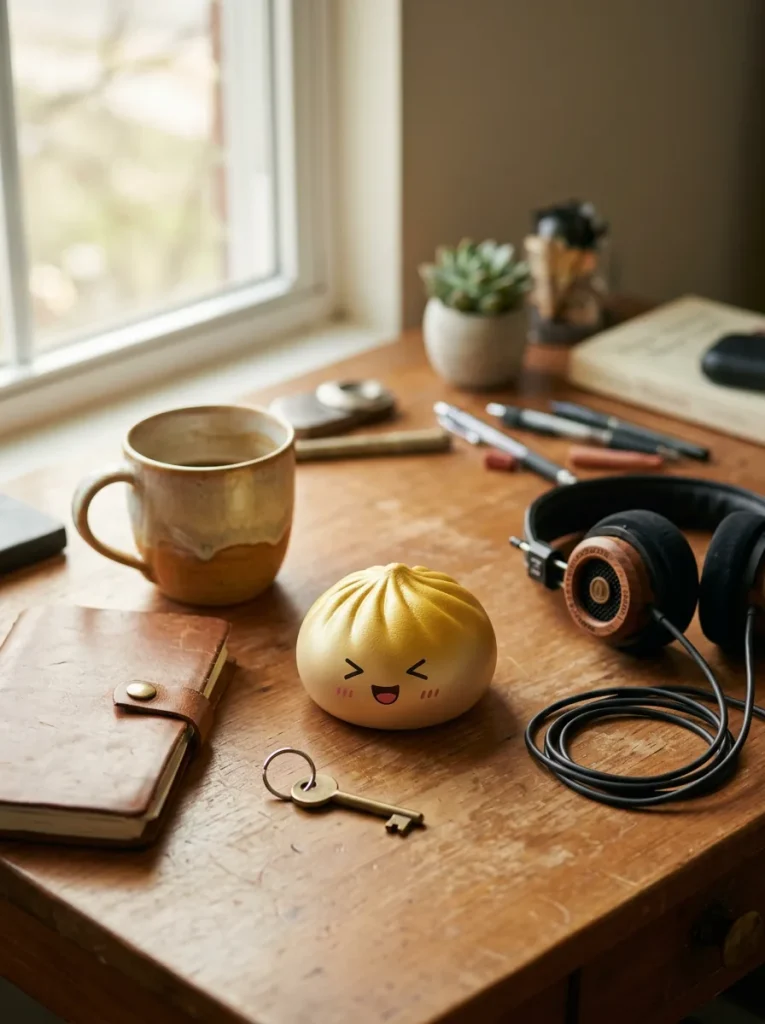 Dumpling Squishy Bun Mystère Moelleux posé sur un bureau, dans le quotidien