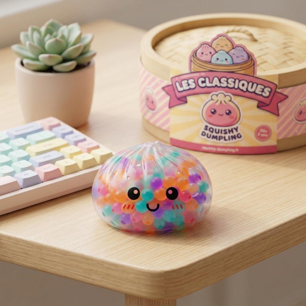Squishy Dumpling Multicolore Bulles Douces en ambiance sur un bureau
