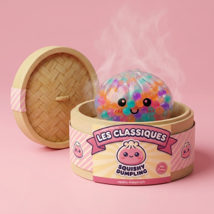 Squishy Dumpling Multicolore Bulles Douces dans sa boîte panier vapeur bambou