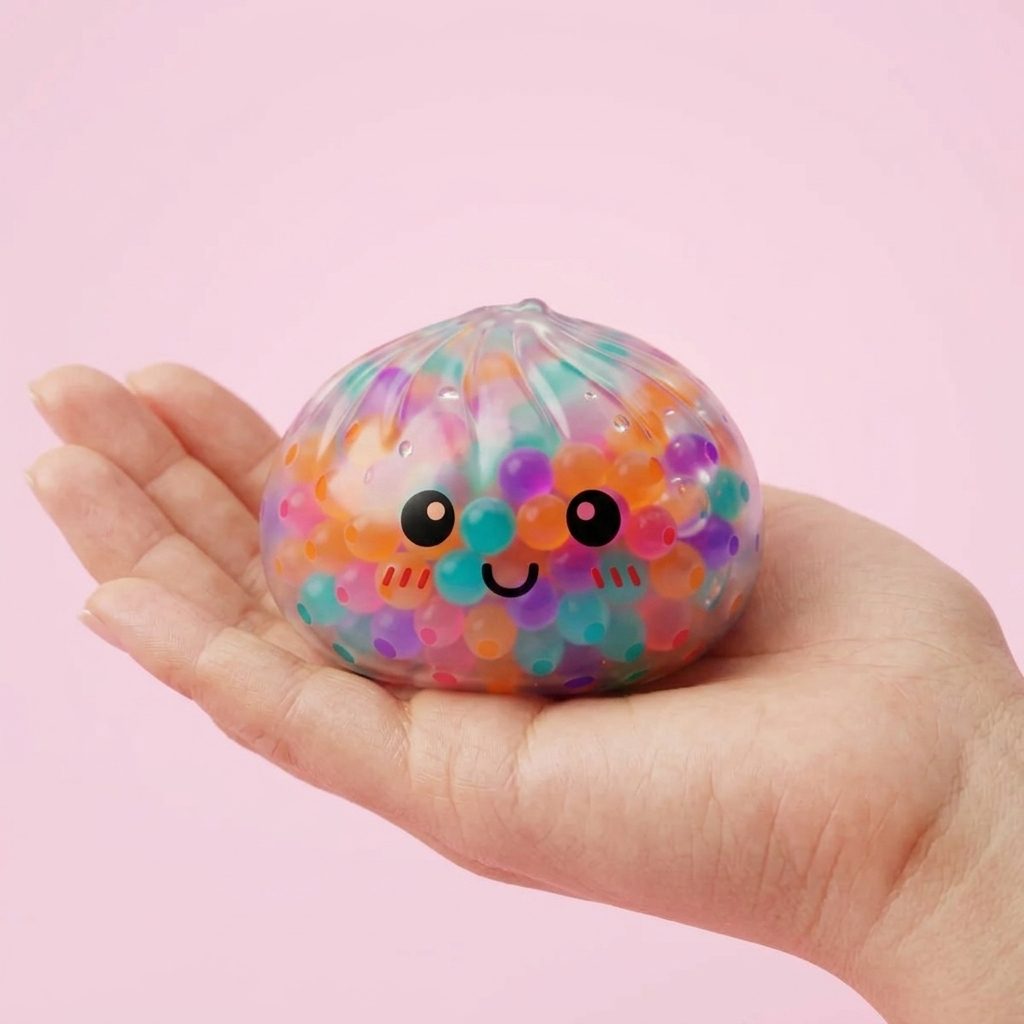 Squishy Dumpling Multicolore Bulles Douces tenu en main, taille réelle