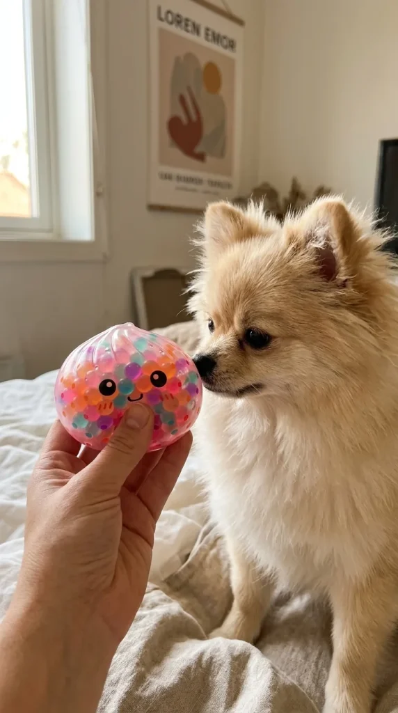 Squishy Dumpling Multicolore Bulles Douces tenu près d'un animal de compagnie curieux