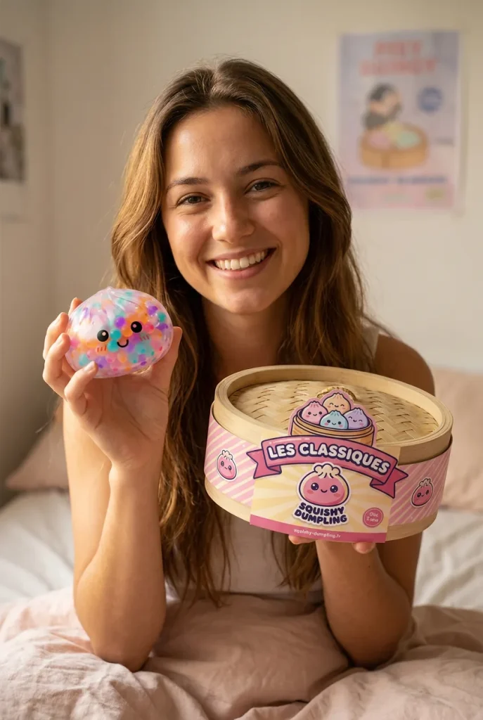 Squishy Dumpling Multicolore Bulles Douces présenté avec sa boîte panier vapeur — photo client