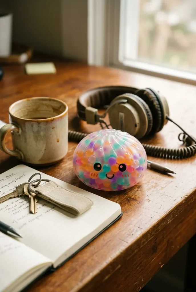 Squishy Dumpling Multicolore Bulles Douces posé sur un bureau, dans le quotidien