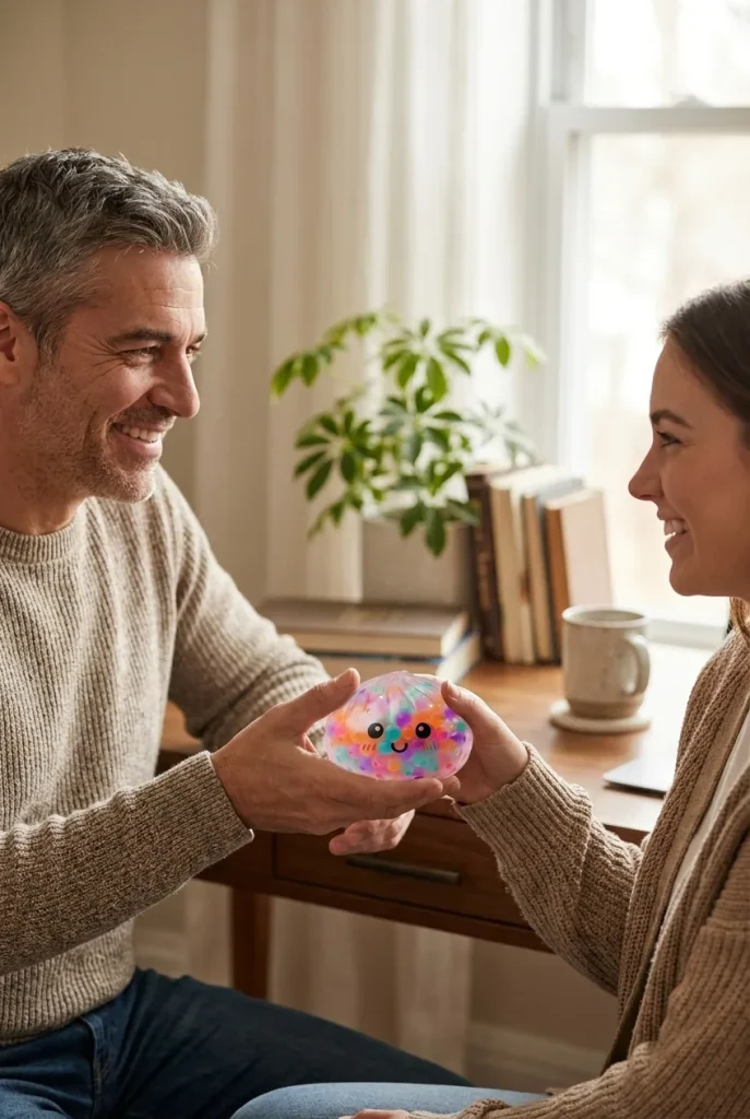 Squishy Dumpling Multicolore Bulles Douces offert en cadeau entre deux personnes