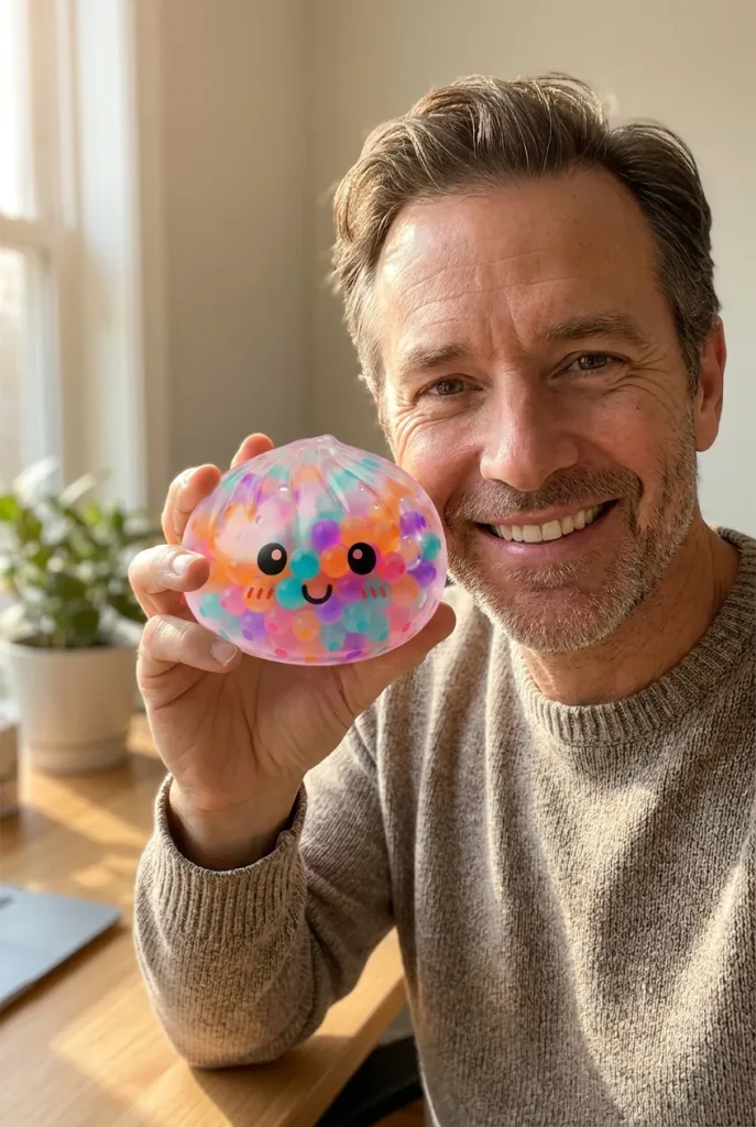 Squishy Dumpling Multicolore Bulles Douces tenu près du visage — photo client