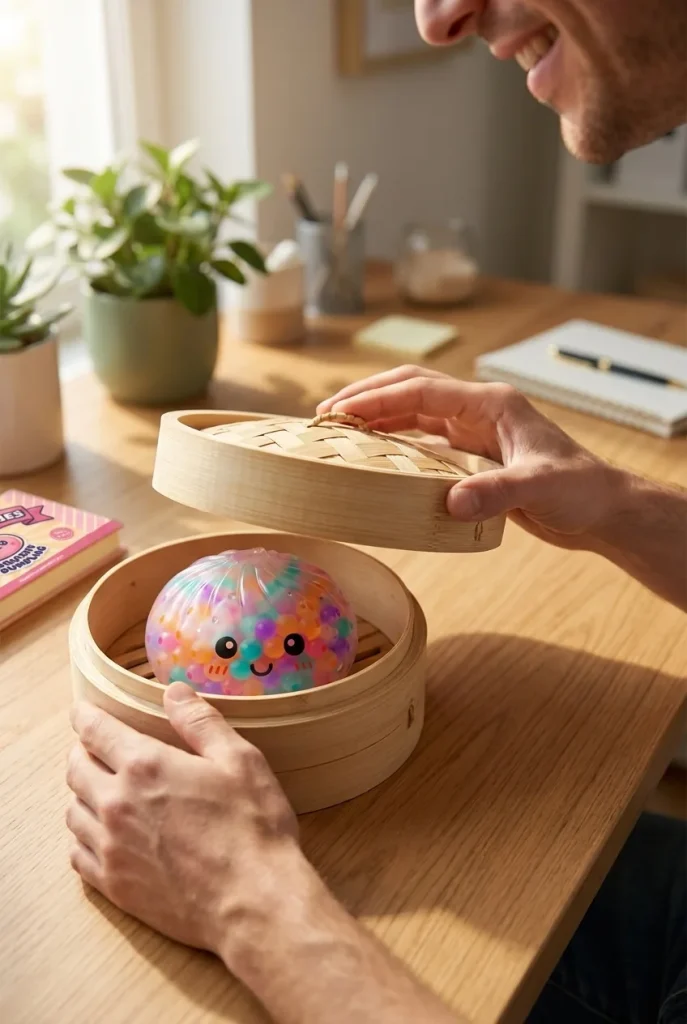Déballage du Squishy Dumpling Multicolore Bulles Douces — la boîte panier vapeur s'ouvre