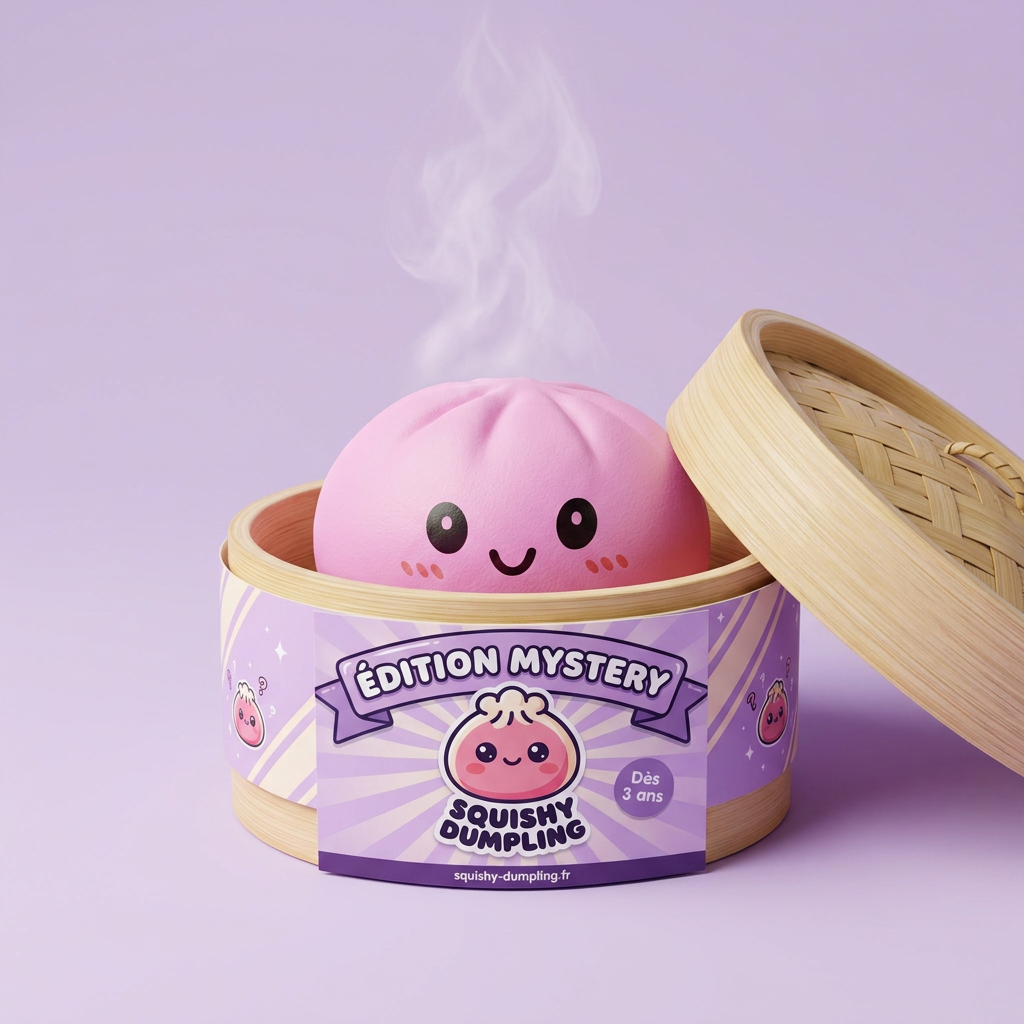 Squishy Dumpling Mystery Box Surprise dans sa boîte panier vapeur bambou