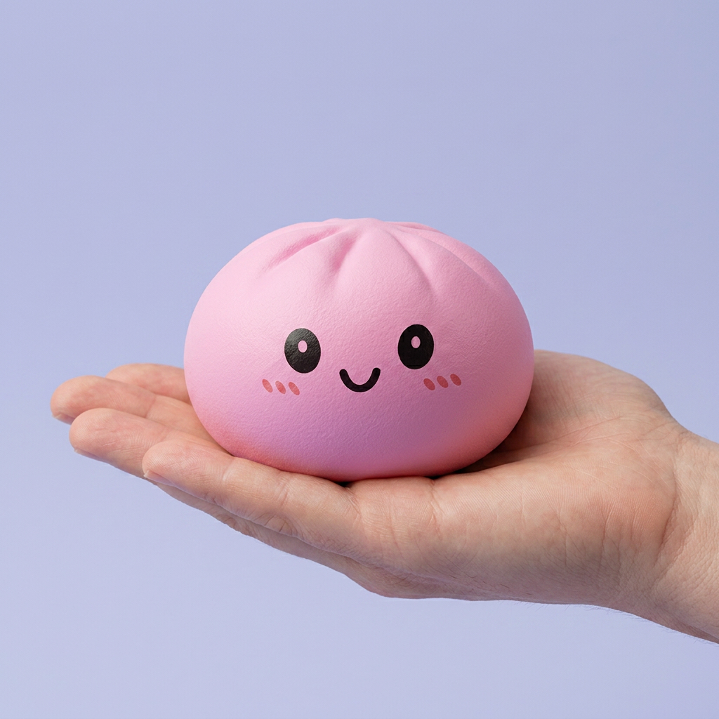 Squishy Dumpling Mystery Box Surprise tenu en main, taille réelle