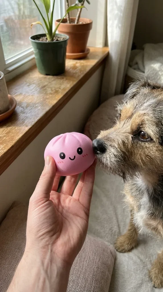 Squishy Dumpling Mystery Box Surprise tenu près d'un animal de compagnie curieux