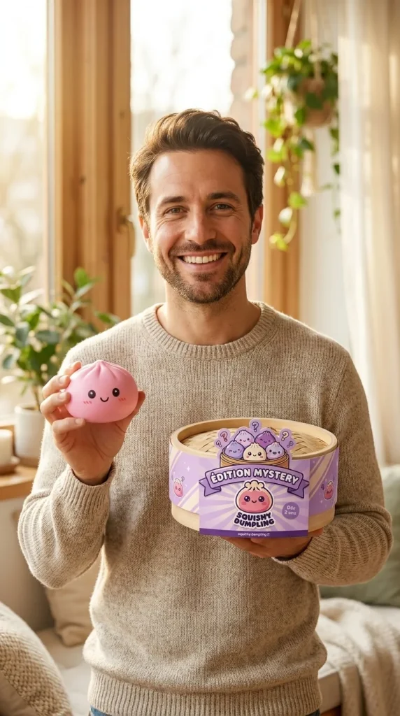 Squishy Dumpling Mystery Box Surprise présenté avec sa boîte panier vapeur — photo client