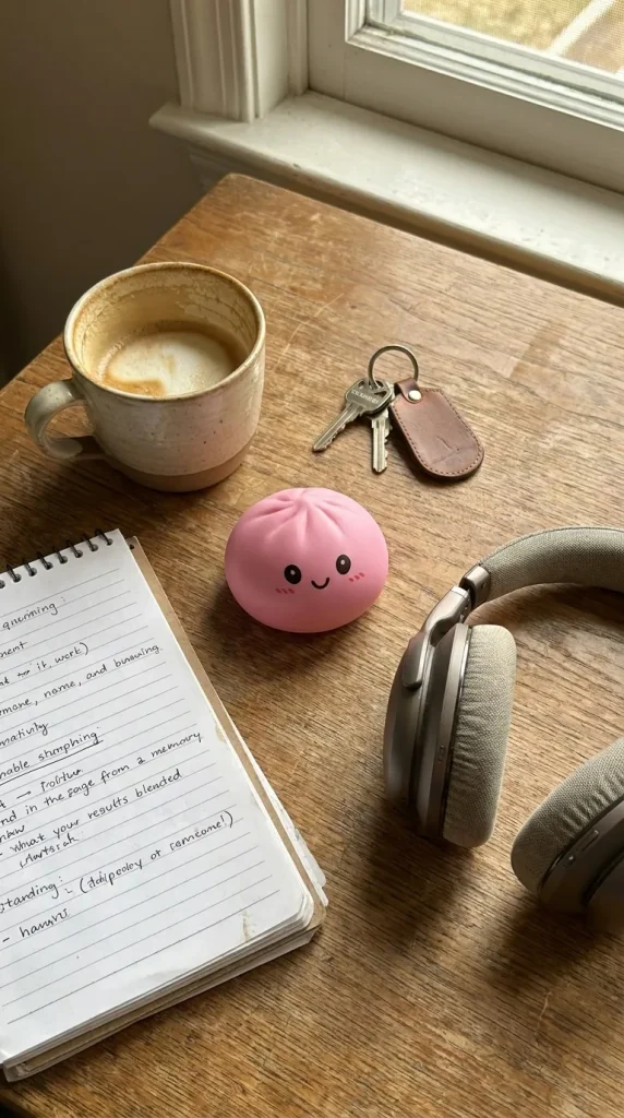 Squishy Dumpling Mystery Box Surprise posé sur un bureau, dans le quotidien
