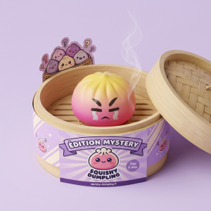 Dumpling Squishy Mystery Bun Fidget Surprise dans sa boîte panier vapeur bambou