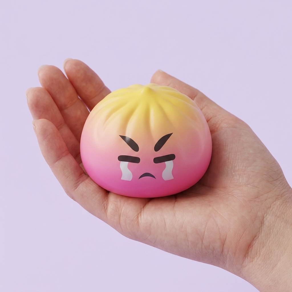 Dumpling Squishy Mystery Bun Fidget Surprise tenu en main, taille réelle