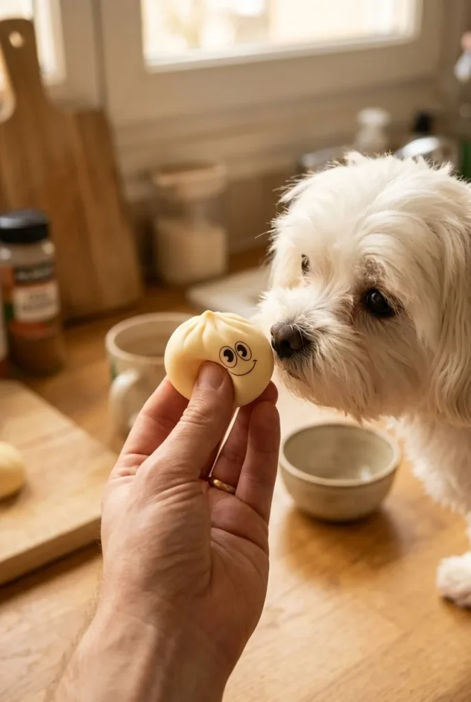 Dumpling Squishy Mystery Bun Fidget Surprise tenu près d'un animal de compagnie curieux