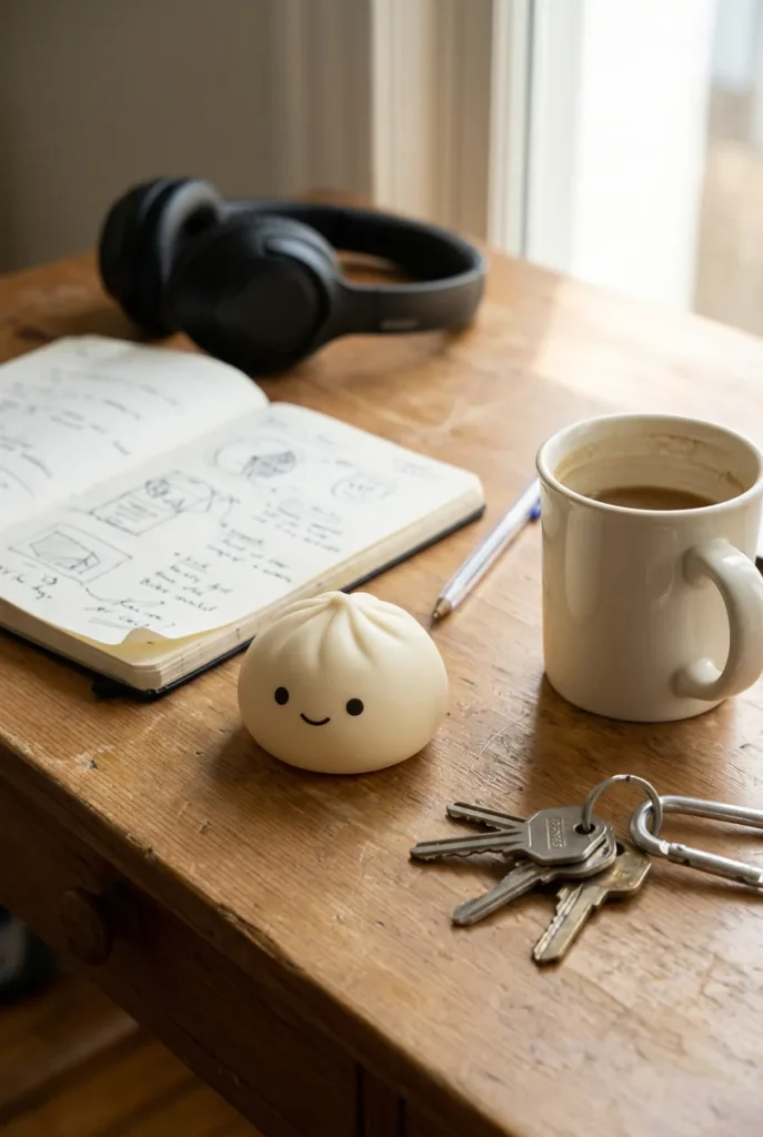 Dumpling Squishy Mystery Bun Fidget Surprise posé sur un bureau, dans le quotidien