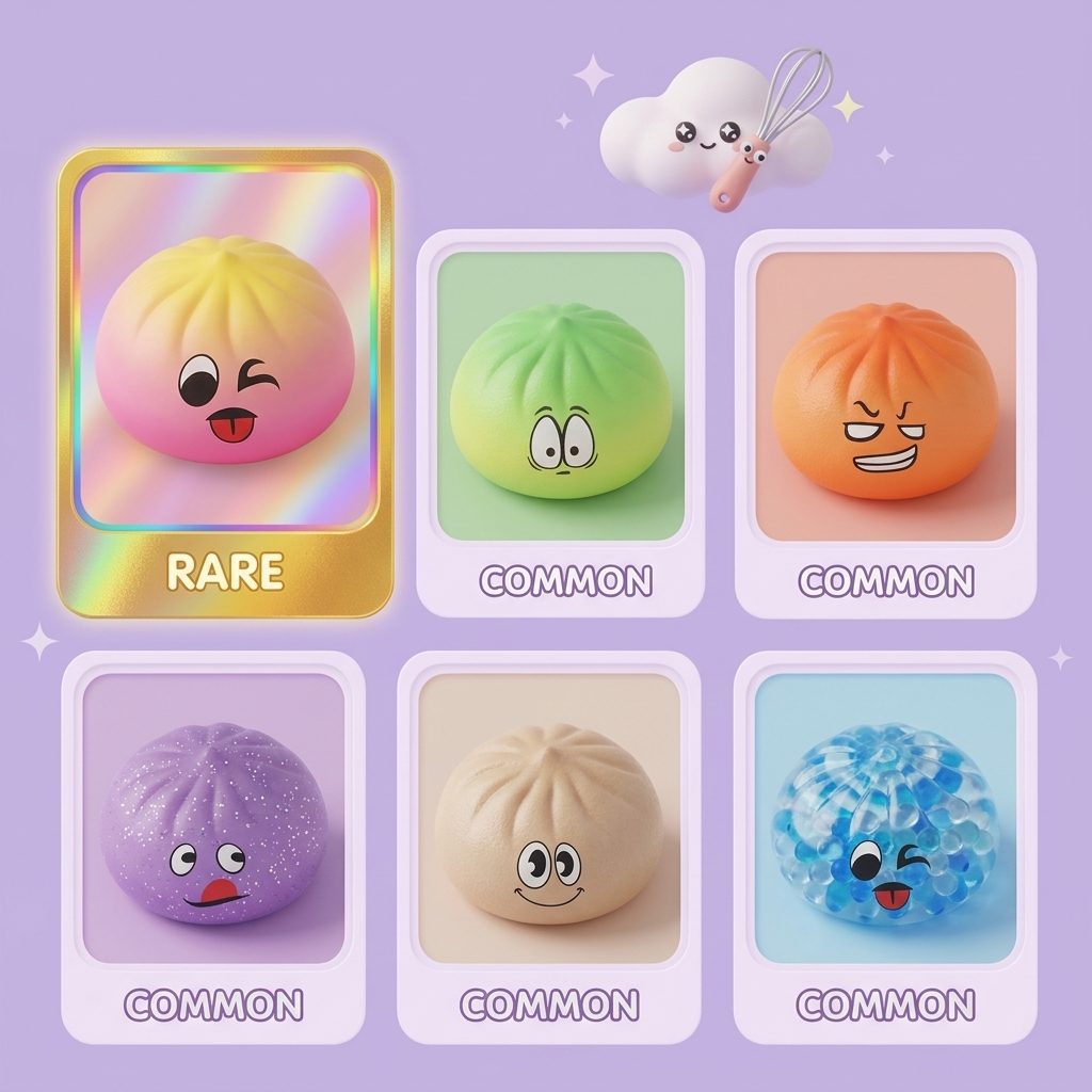 Dumpling Squishy Mystery Bun Fidget Surprise — carte des raretés (commun, rare, ultra rare)