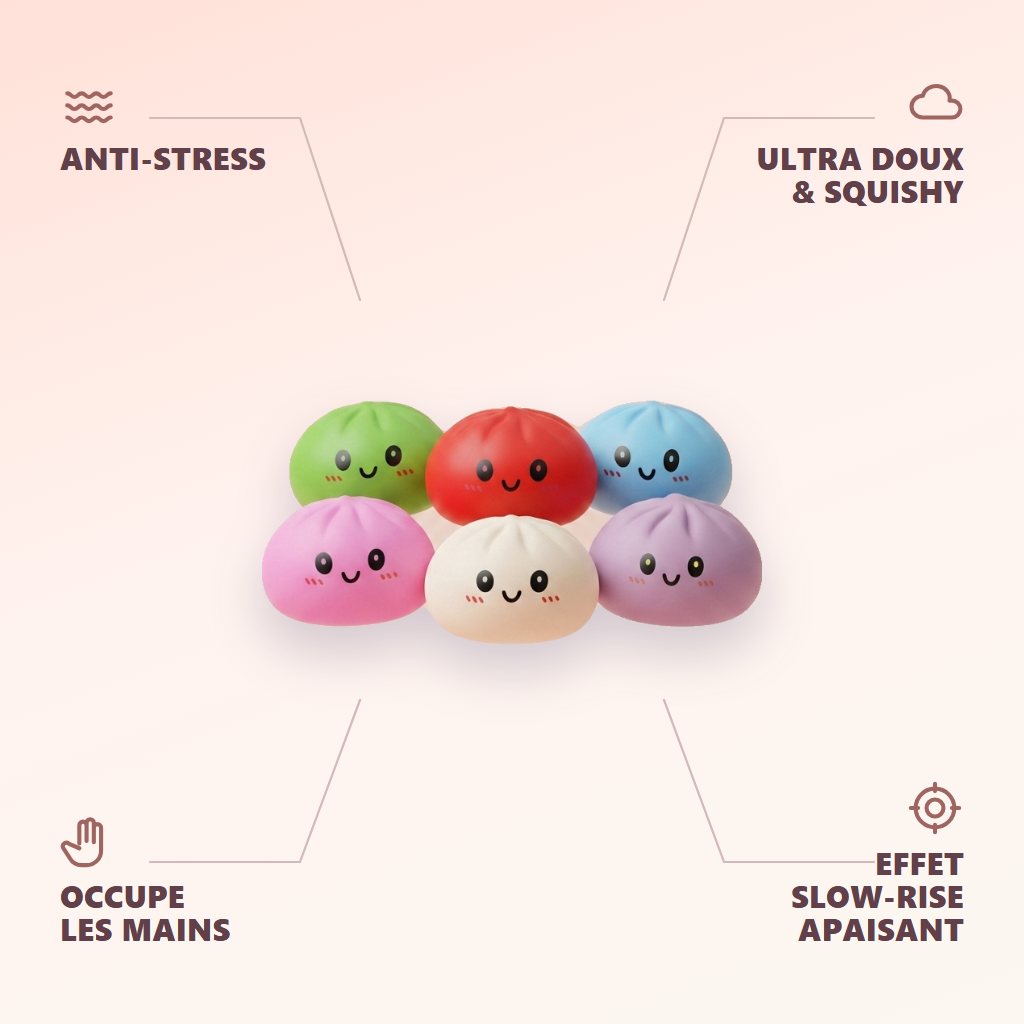 Dumpling Squishy Collection Lot De 6 — anti-stress, ultra doux, effet slow-rise