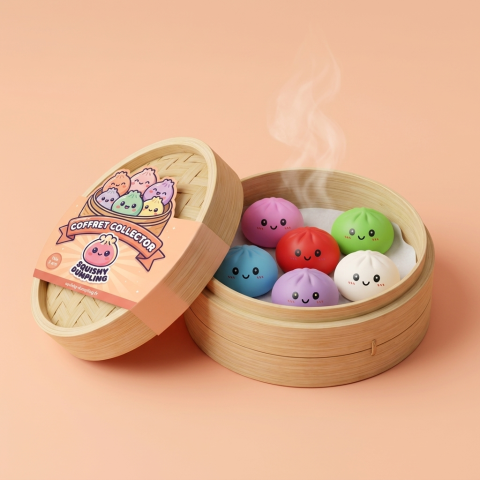 Dumpling Squishy Collection Lot De 6 dans sa boîte panier vapeur bambou