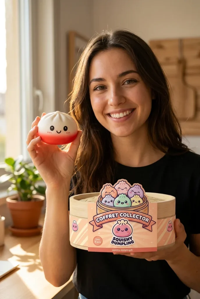 Dumpling Squishy Collection Lot De 6 présenté avec sa boîte panier vapeur — photo client
