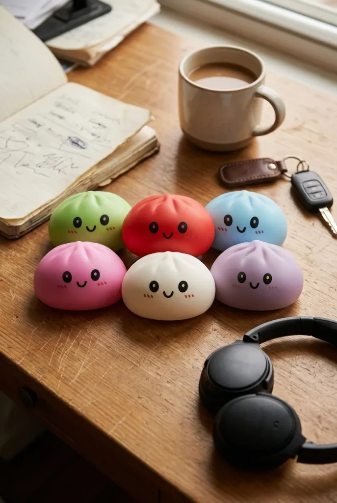 Dumpling Squishy Collection Lot De 6 posé sur un bureau, dans le quotidien