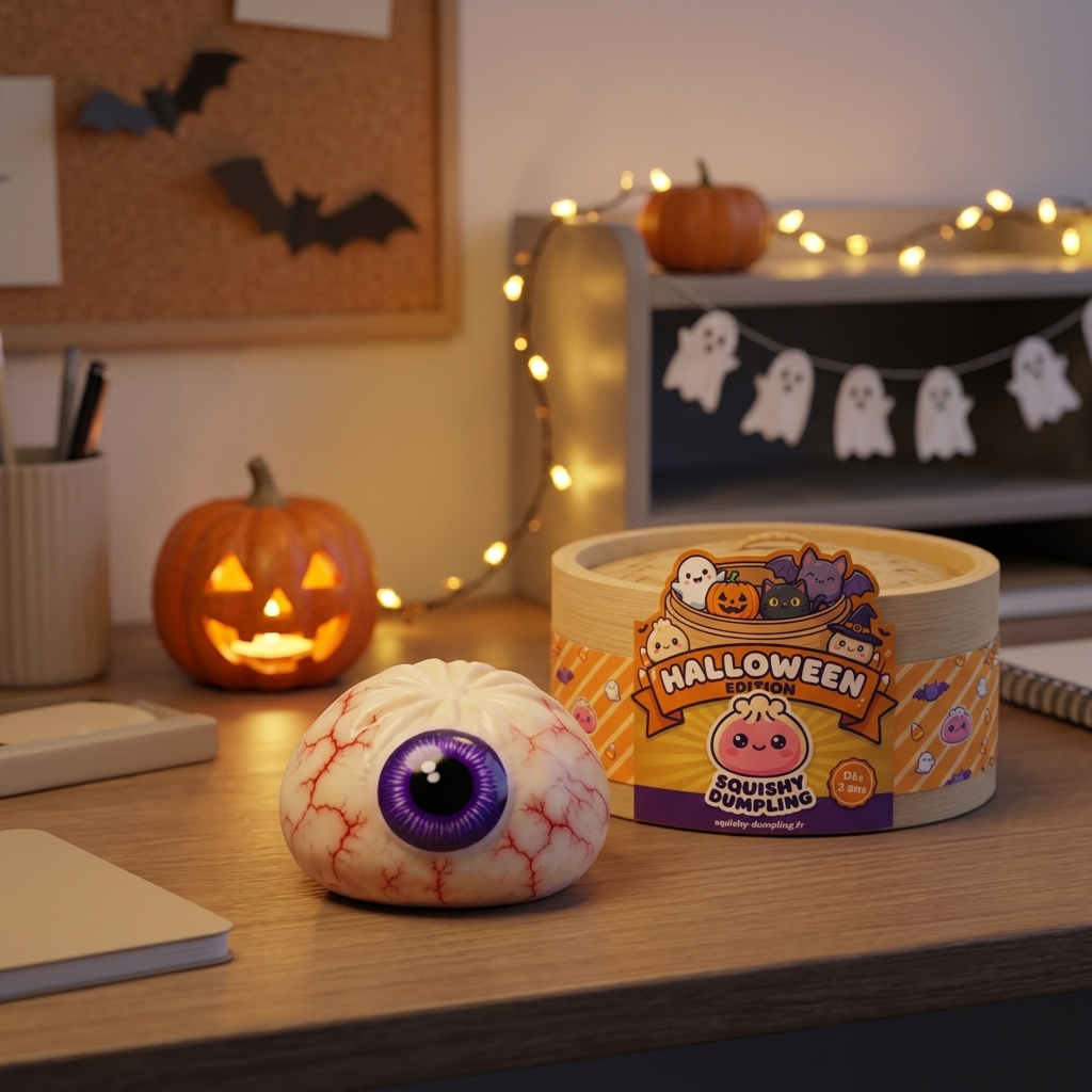Squishy Dumpling Œil Halloween Effrayant en ambiance sur un bureau