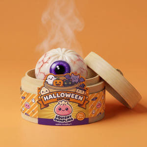 Squishy Dumpling Œil Halloween Effrayant dans sa boîte panier vapeur façon bambou