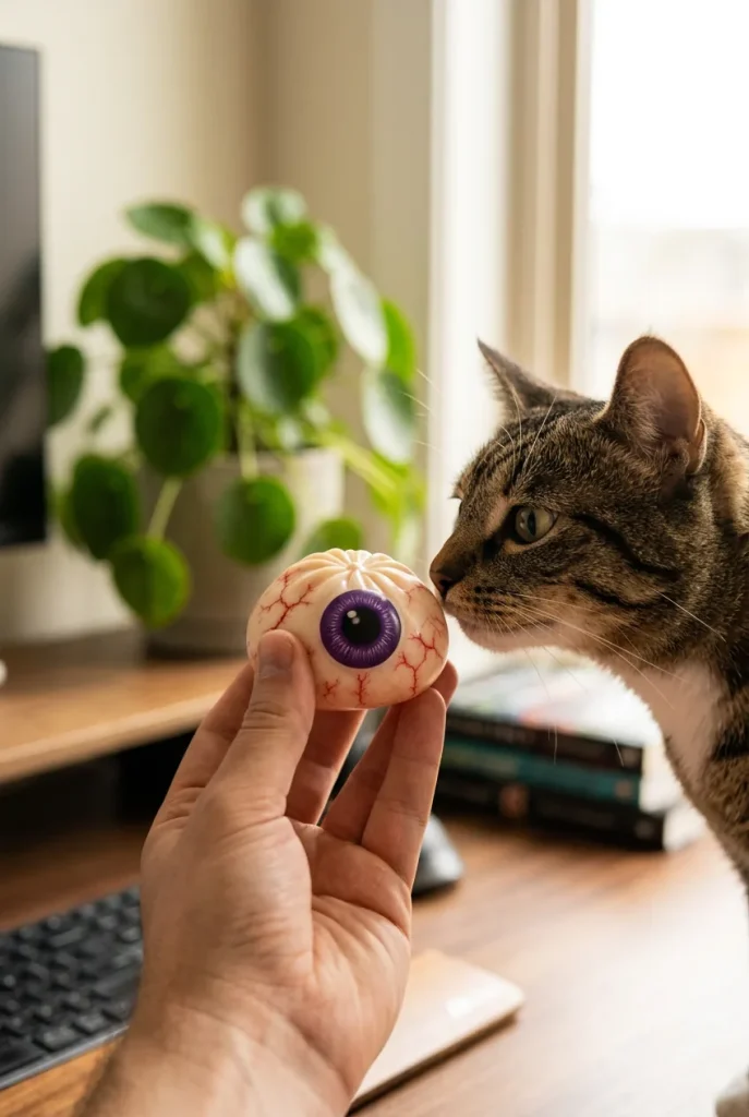 Squishy Dumpling Œil Halloween Effrayant tenu près d'un animal de compagnie curieux