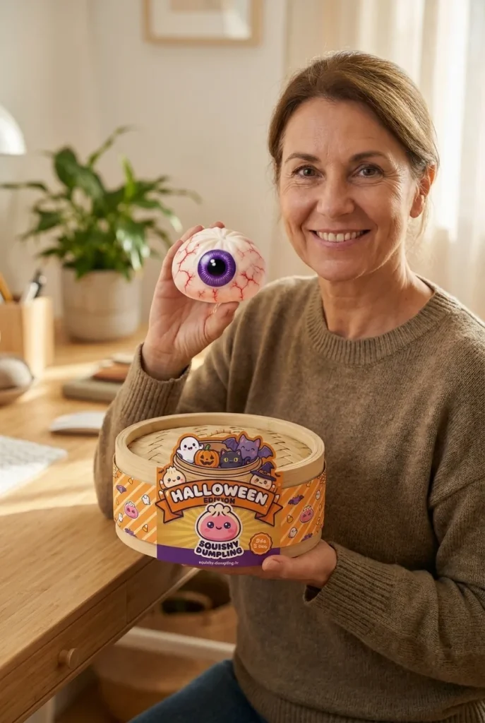 Squishy Dumpling Œil Halloween Effrayant présenté avec sa boîte panier vapeur — photo client