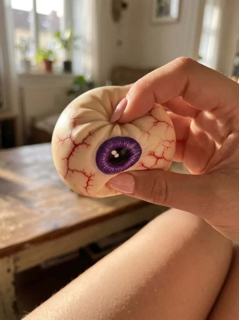 Squishy Dumpling Œil Halloween Effrayant pressé dans la main — effet squishy slow-rise