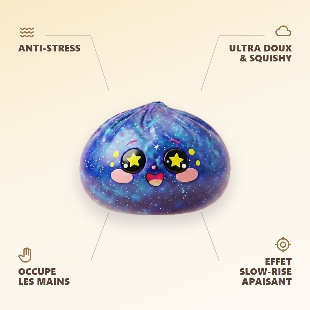 Galaxy Dumpling Squishy Cosmique Étoilé — anti-stress, ultra doux, effet slow-rise