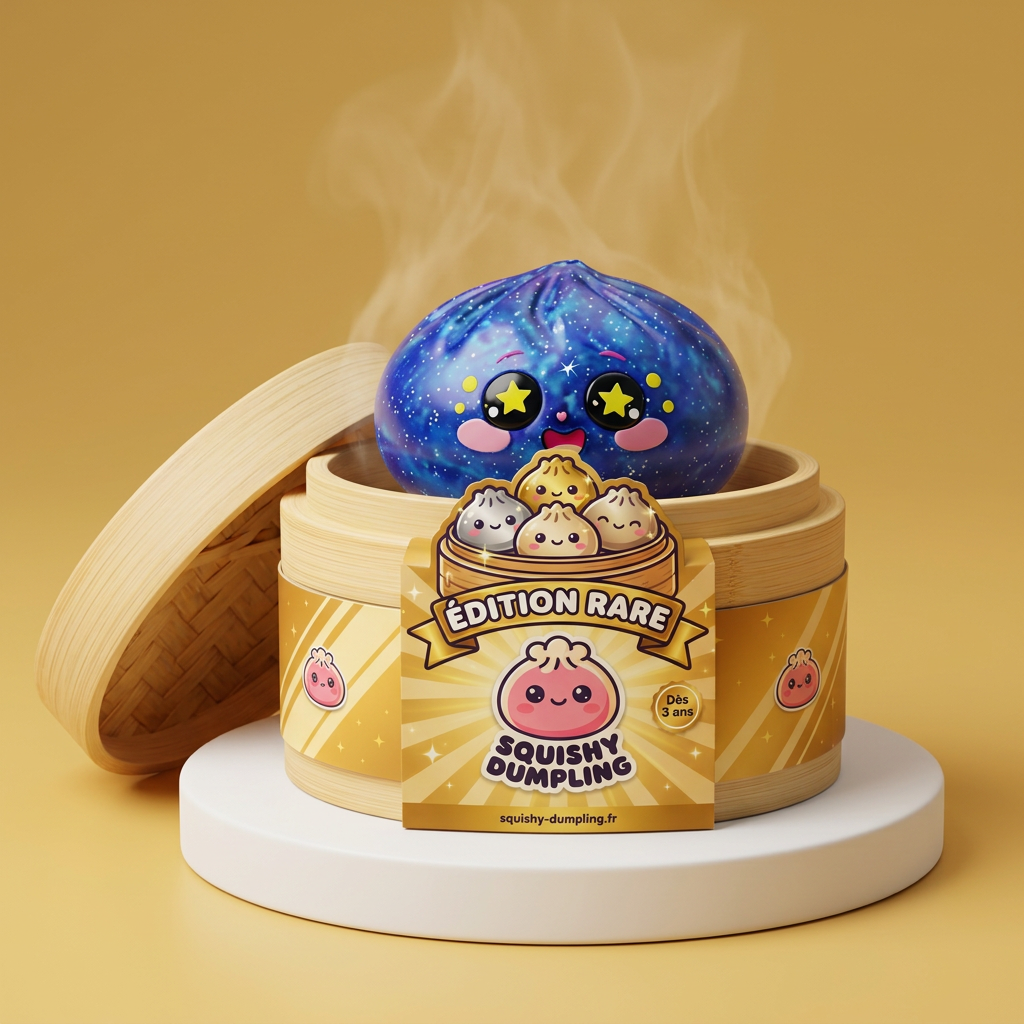 Galaxy Dumpling Squishy Cosmique Étoilé dans sa boîte panier vapeur bambou